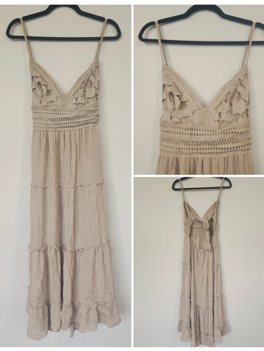 Sand Boho Crochet-Top Open Back Flowy Dress Size Large